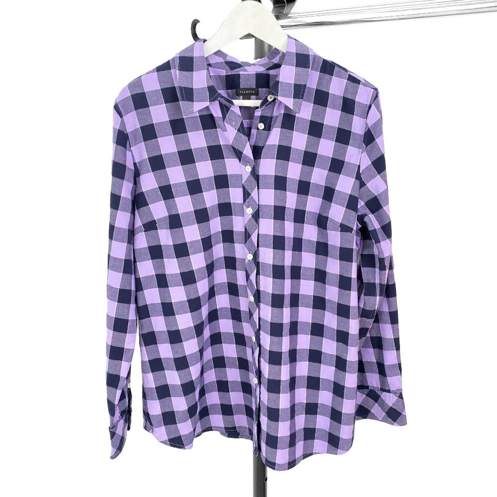 Talbots Women's Purple Checkered Long Sleeve Button Down Shirt - Size Large